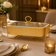 Elegant Gold Rectangular Serving Dish with Glass Lid and Stripe-Pattern Metal Stand, 12"