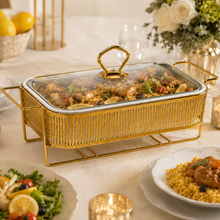 Elegant Gold Rectangular Serving Dish with Glass Lid and Stripe-Pattern Metal Stand, 12"