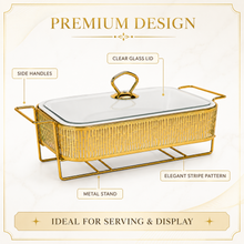 Elegant Gold Rectangular Serving Dish with Glass Lid and Stripe-Pattern Metal Stand, 12"