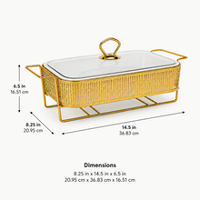 Elegant Gold Rectangular Serving Dish with Glass Lid and Stripe-Pattern Metal Stand, 12"