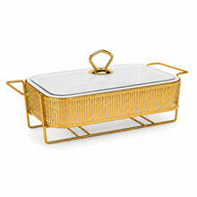 Elegant Gold Rectangular Serving Dish with Glass Lid and Stripe-Pattern Metal Stand, 12"