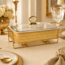 Elegant Gold Rectangular Serving Dish with Glass Lid and Floral Metal Stand, 8.5-Inch