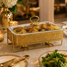 Elegant Gold Rectangular Serving Dish with Glass Lid and Floral Metal Stand, 8.5-Inch