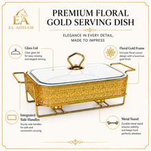 Elegant Gold Rectangular Serving Dish with Glass Lid and Floral Metal Stand, 8.5-Inch
