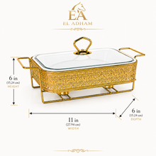 Elegant Gold Rectangular Serving Dish with Glass Lid and Floral Metal Stand, 8.5-Inch