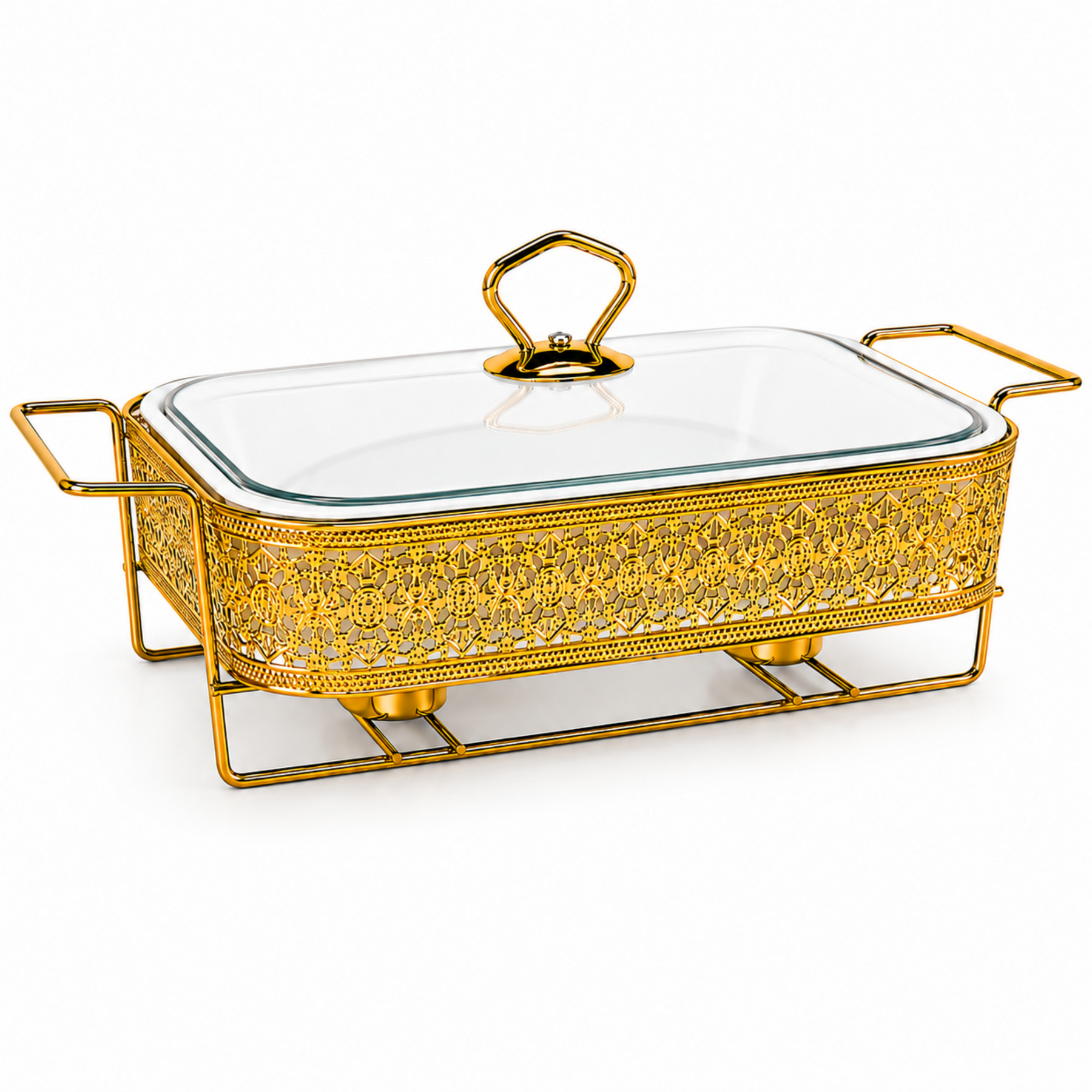 Elegant Gold Rectangular Serving Dish with Glass Lid and Floral Metal Stand, 8.5-Inch