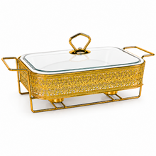 Elegant Gold Rectangular Serving Dish with Glass Lid and Floral Metal Stand, 8.5-Inch