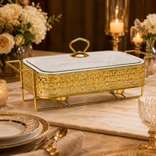 Elegant Gold Rectangular Serving Dish with Glass Lid and Floral Metal Stand, 10-Inch