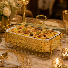 Elegant Gold Rectangular Serving Dish with Glass Lid and Floral Metal Stand, 10-Inch