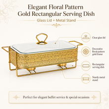 Elegant Gold Rectangular Serving Dish with Glass Lid and Floral Metal Stand, 10-Inch