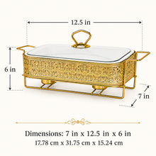 Elegant Gold Rectangular Serving Dish with Glass Lid and Floral Metal Stand, 10-Inch