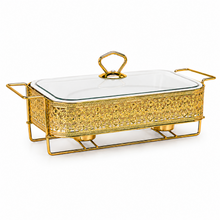 Elegant Gold Rectangular Serving Dish with Glass Lid and Floral Metal Stand, 10-Inch