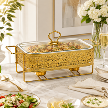 Elegant Gold Rectangular Serving Dish with Glass Lid and Floral Metal Stand, 12-Inch