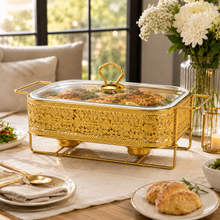 Elegant Gold Rectangular Serving Dish with Glass Lid and Floral Metal Stand, 12-Inch