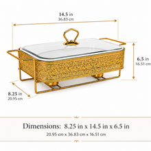 Elegant Gold Rectangular Serving Dish with Glass Lid and Floral Metal Stand, 12-Inch