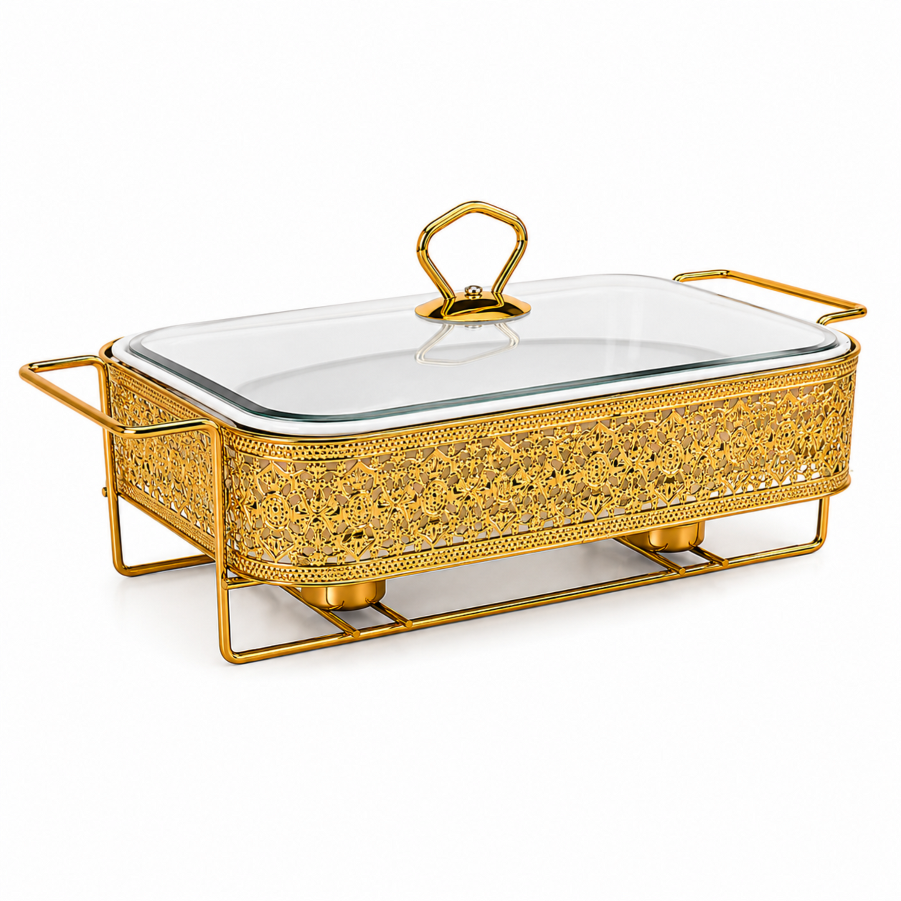 Elegant Gold Rectangular Serving Dish with Glass Lid and Floral Metal Stand, 12-Inch