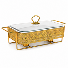 Elegant Gold Rectangular Serving Dish with Glass Lid and Floral Metal Stand, 12-Inch
