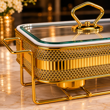 Elegant Gold Rectangular Serving Dish with Glass Lid and Metal Stand, Geometric Pattern, 8.5-Inch