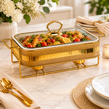Elegant Gold Rectangular Serving Dish with Glass Lid and Metal Stand, Geometric Pattern, 8.5-Inch