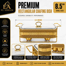 Elegant Gold Rectangular Serving Dish with Glass Lid and Metal Stand, Geometric Pattern, 8.5-Inch