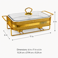 Elegant Gold Rectangular Serving Dish with Glass Lid and Metal Stand, Geometric Pattern, 8.5-Inch