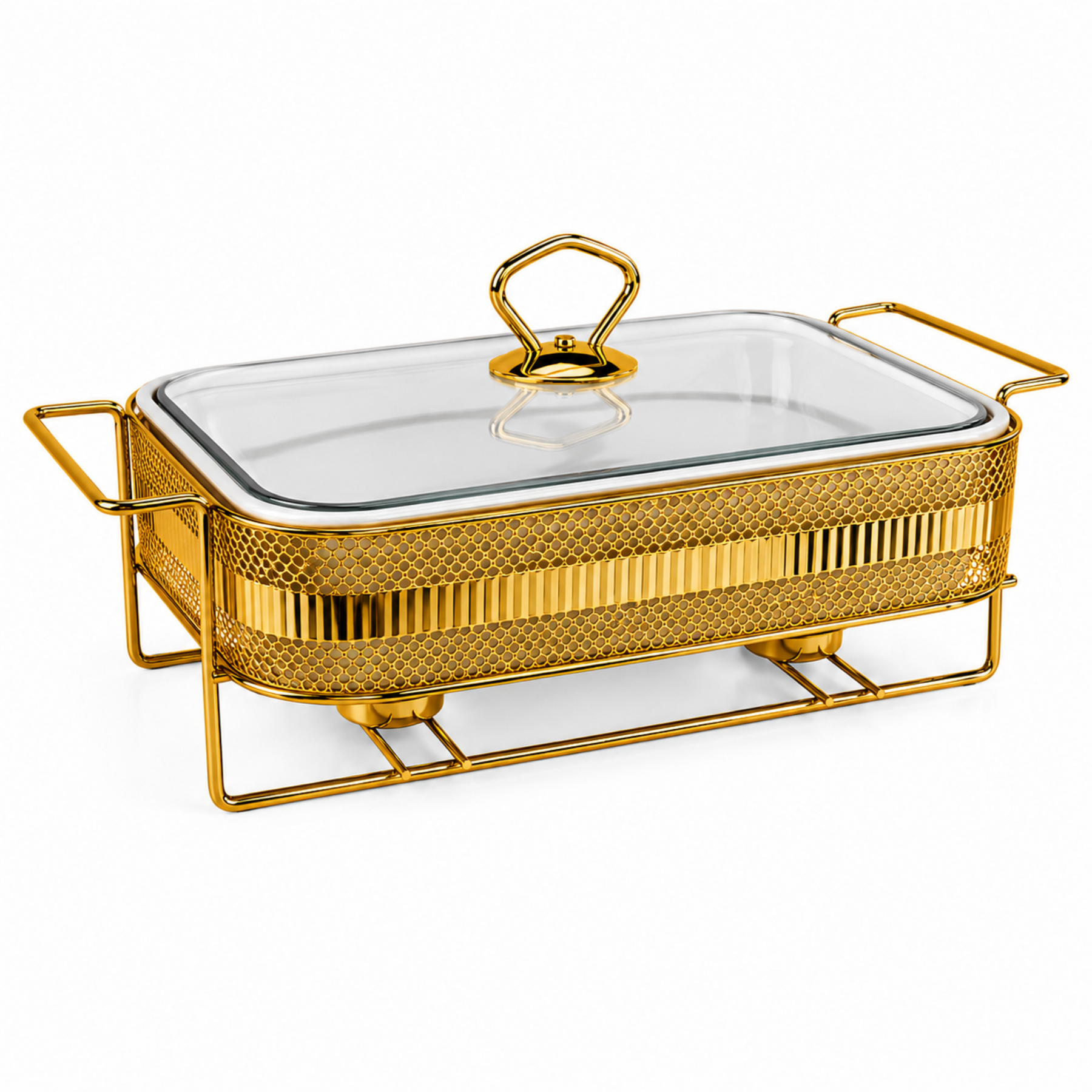 Elegant Gold Rectangular Serving Dish with Glass Lid and Metal Stand, Geometric Pattern, 8.5-Inch