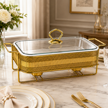 Elegant Gold Rectangular Serving Dish with Glass Lid and Metal Stand, Geometric Pattern, 10-Inch