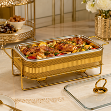 Elegant Gold Rectangular Serving Dish with Glass Lid and Metal Stand, Geometric Pattern, 10-Inch
