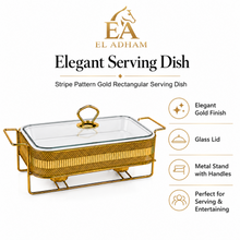 Elegant Gold Rectangular Serving Dish with Glass Lid and Metal Stand, Geometric Pattern, 10-Inch