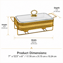 Elegant Gold Rectangular Serving Dish with Glass Lid and Metal Stand, Geometric Pattern, 10-Inch