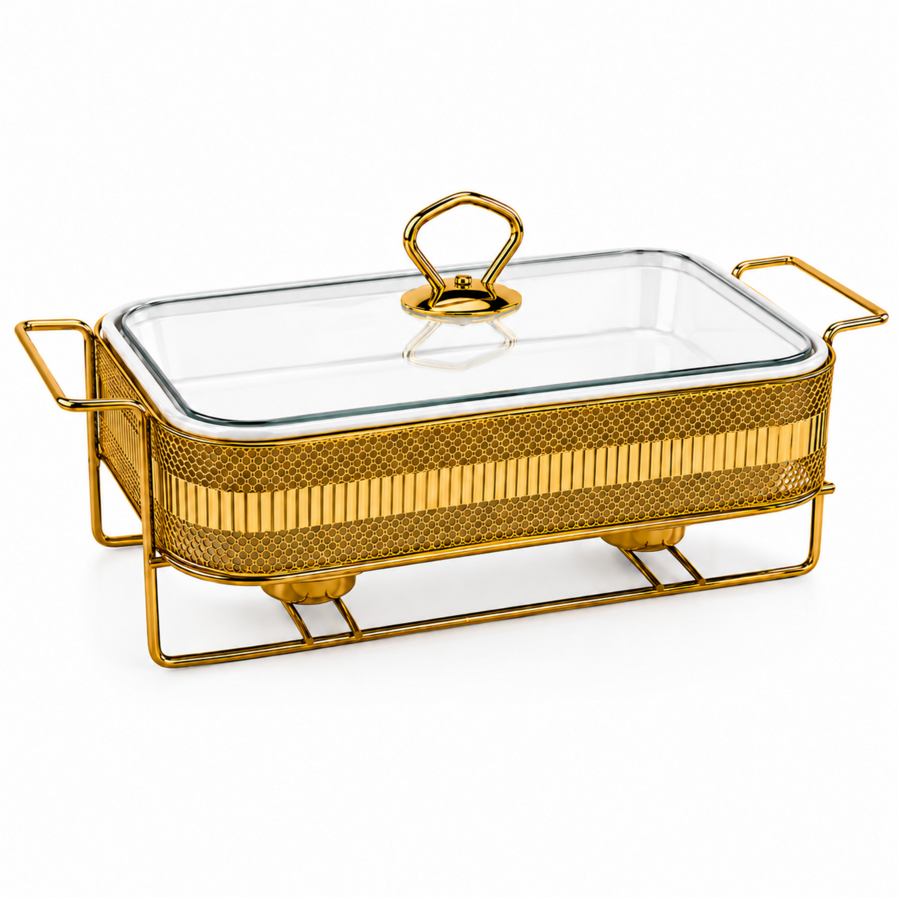 Elegant Gold Rectangular Serving Dish with Glass Lid and Metal Stand, Geometric Pattern, 10-Inch
