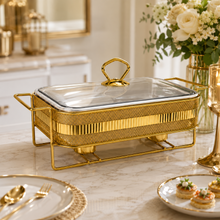 Elegant Gold Rectangular Serving Dish with Glass Lid and Metal Stand, Geometric Pattern, 12-Inch
