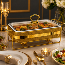 Elegant Gold Rectangular Serving Dish with Glass Lid and Metal Stand, Geometric Pattern, 12-Inch