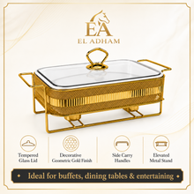 Elegant Gold Rectangular Serving Dish with Glass Lid and Metal Stand, Geometric Pattern, 12-Inch