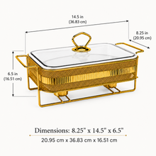 Elegant Gold Rectangular Serving Dish with Glass Lid and Metal Stand, Geometric Pattern, 12-Inch