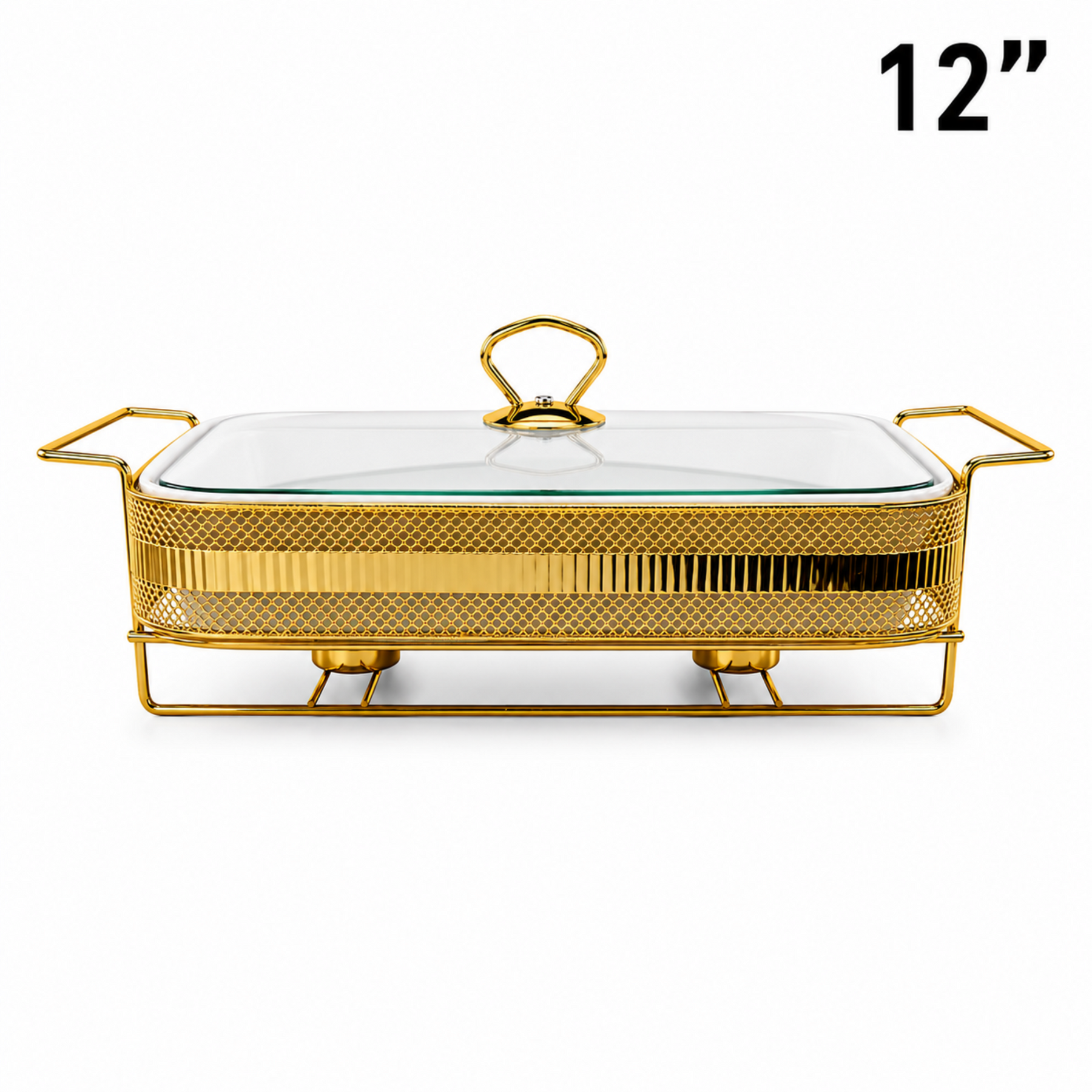 Elegant Geometric Pattern Gold Rectangular Serving Dish with Glass Lid and Metal Stand - 12"