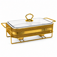 Elegant Gold Rectangular Serving Dish with Glass Lid and Metal Stand, Geometric Pattern, 12-Inch