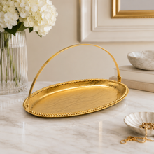 Decorative Gold Oval Tray with Arched Handle, 10.75-Inch Serving and Display Tray