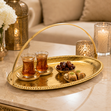 Decorative Gold Oval Tray with Arched Handle, 10.75-Inch Serving and Display Tray
