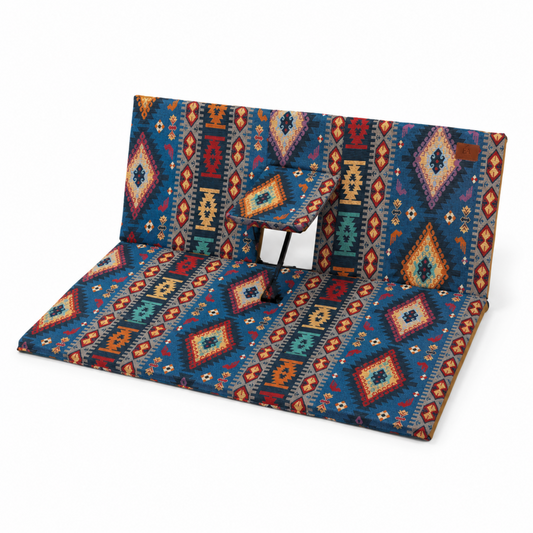 2-Person Foldable Arabian Majlis Floor Seat with Shared Center Armrest, Blue Outdoor Cushion with Carry Case