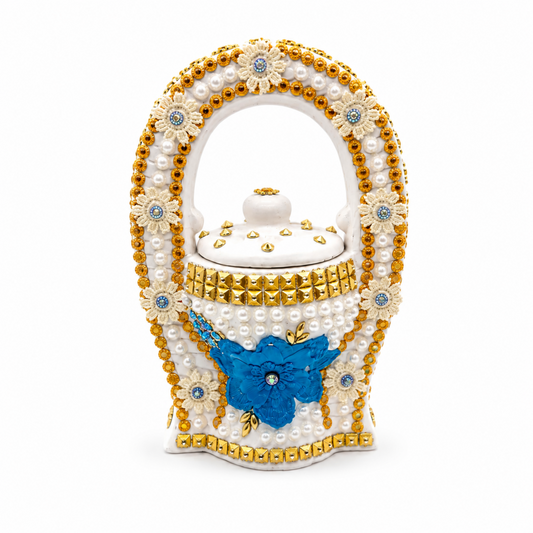 Elegant Bakhoor Incense Burner with Handle, Blue Flower, White and Gold Decorative Holder, 8.5 Inch