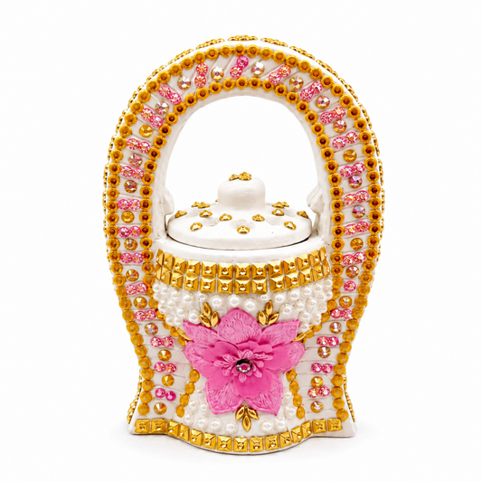 Elegant Bakhoor Incense Burner with Handle, Pink Flower, White and Gold Decorative Burner