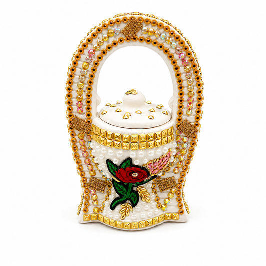 Rose Bakhoor Incense Burner with Arch Handle, White & Gold, 8.5 Inch