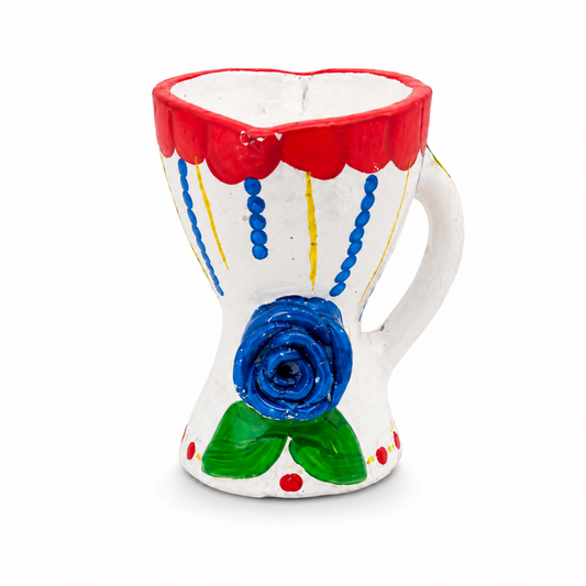 Traditional Clay Incense Burner with Handle, Blue Rose, 7 Inch
