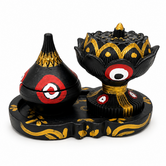Traditional Sananni Clay Incense Burner with Bakhoor Holder, Black and Gold Decorative Burner Set