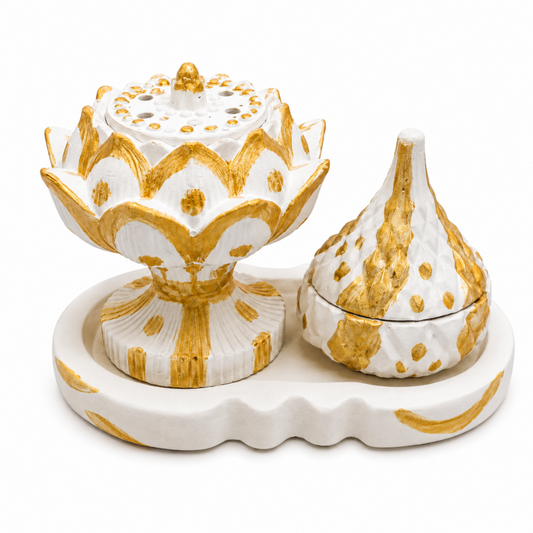 Traditional Sananni Clay Incense Burner with Bakhoor Holder White and Gold