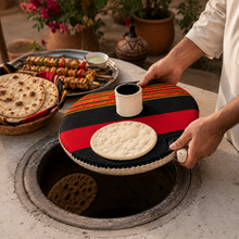 Traditional Sananni Makhbaza, Large 13-Inch Round Tabletop Cover with Center Handle, Black Red and Gold