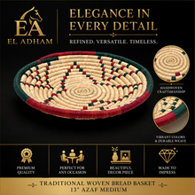 Traditional Azaf Woven Bread Basket, Medium Round Serving Basket, Red, Green and Natural-Tone Pattern