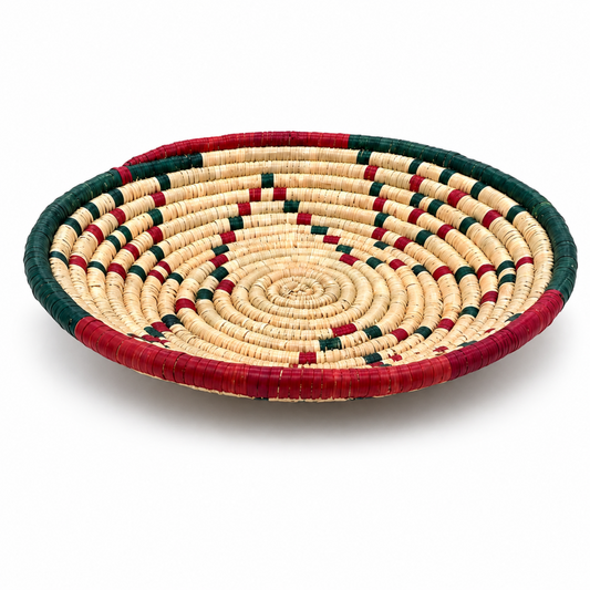 Traditional Azaf Woven Bread Basket, Medium Round Serving Basket, Red, Green and Natural-Tone Pattern