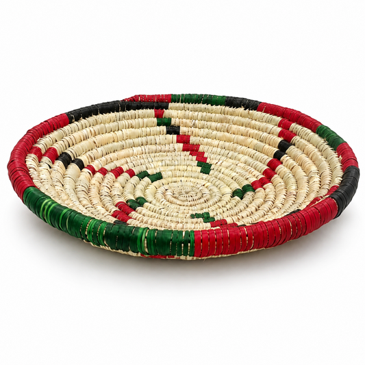 Traditional Azaf Woven Bread Basket, Small 11-Inch Round Serving Basket, Red Green Black and Natural
